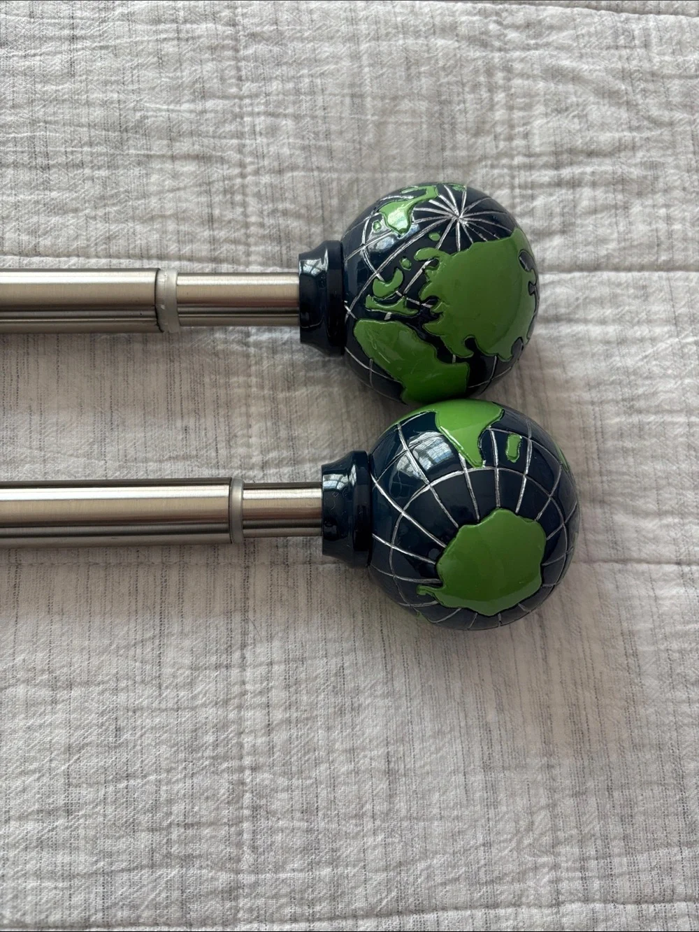 Pottery Barn Kids Nickel Curtain Rods with Green & Blue Globe Finials